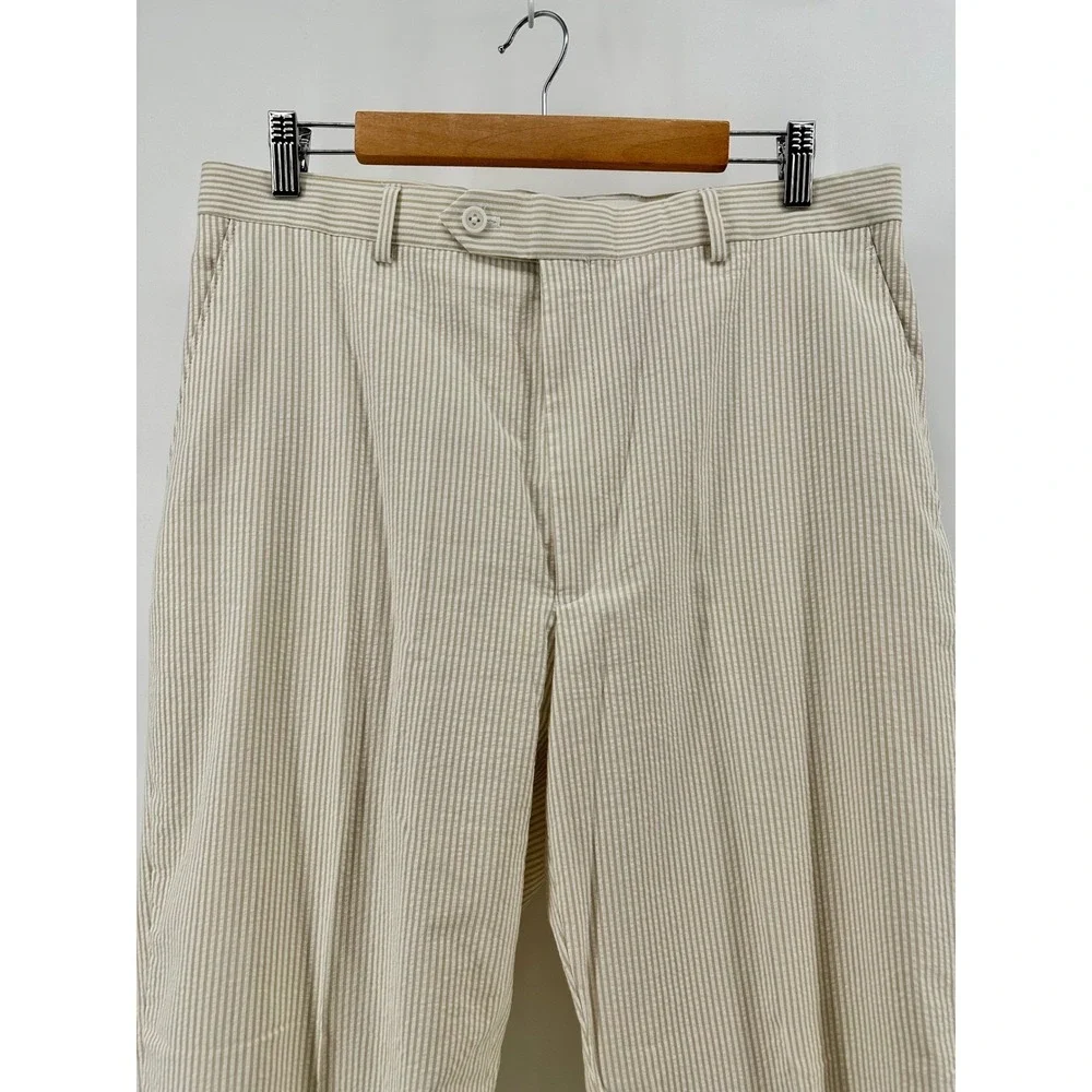 Jos. A. Bank Stays Cool Mens Suit 41L 35W Tan Seersucker Cotton Tailored Fit